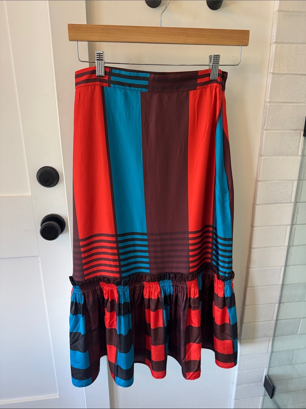 NWT Eva Franco Colorblock Midi Skirt in Orange, Teal & Brown